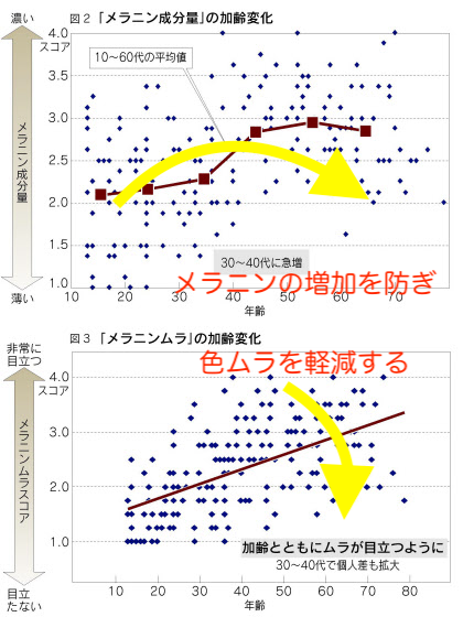 加齢により増加するメラニンと皮膚の色むらを抑えるイメージ
